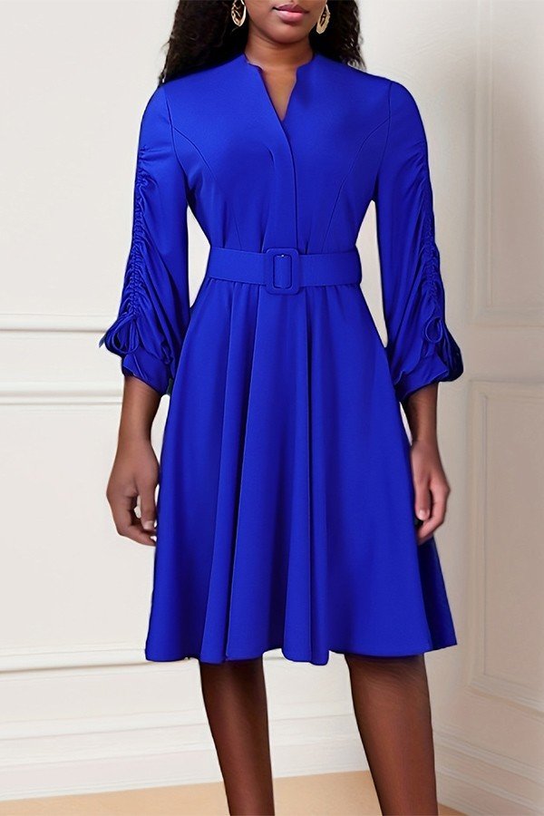 V-neck Adjustable Waist Pleated Plus-Size Dress