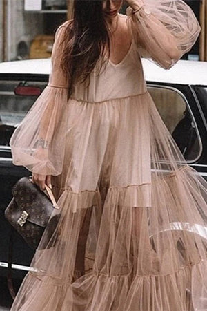 Chic V-Neck Sheer Mesh Puff Sleeve Dress