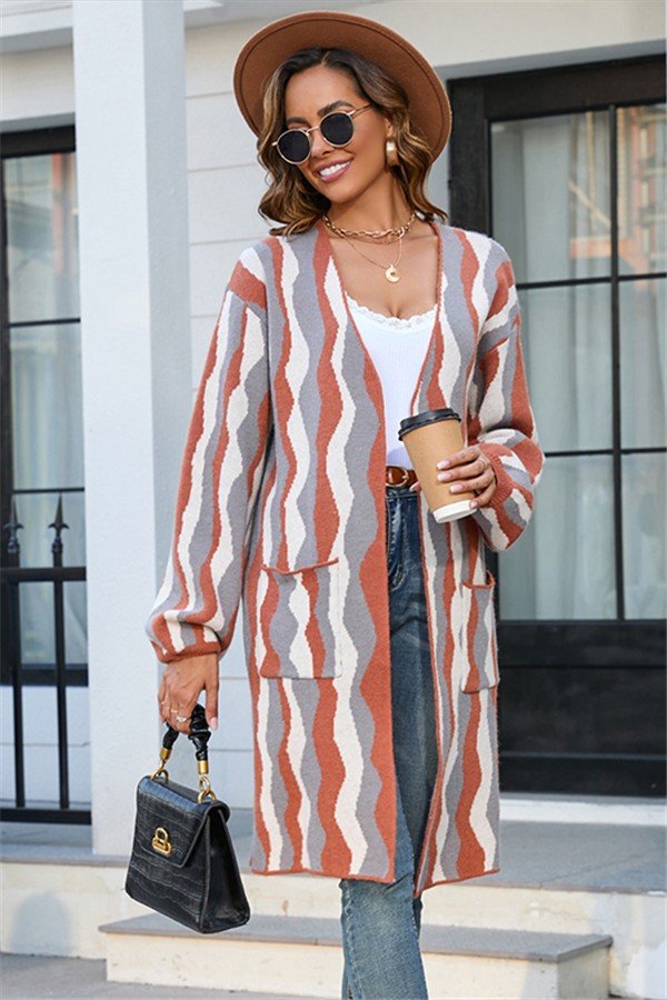Chic Patchwork Knit Cardigan with Pockets