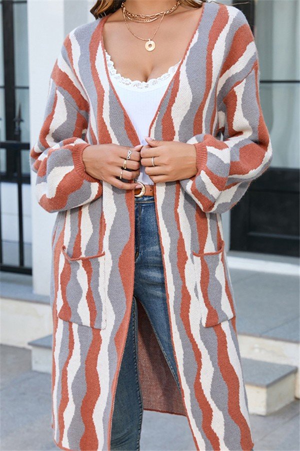 Chic Patchwork Knit Cardigan with Pockets