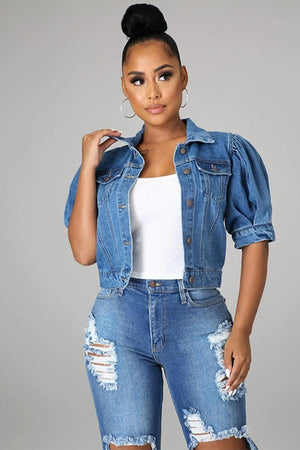 Chic Puffed Sleeve Denim Jacket with Short Sleeves