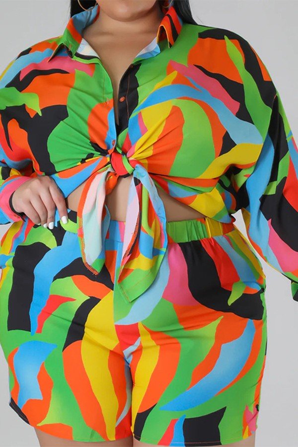 Tropical Print Plus Size Shirt and Shorts Set