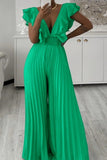 Vibrant Deep V-Neck High-Waisted Peplum Wide-Leg Jumpsuit