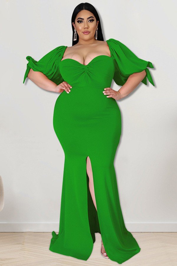 Willow Edge Elegant Slit Hem Dress with Puffy Sleeves