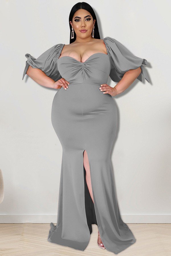 Willow Edge Elegant Slit Hem Dress with Puffy Sleeves