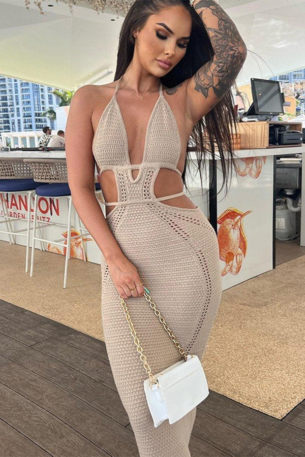 Chic Hollow Lace-up Dress with Hang Neck for Stylish Women