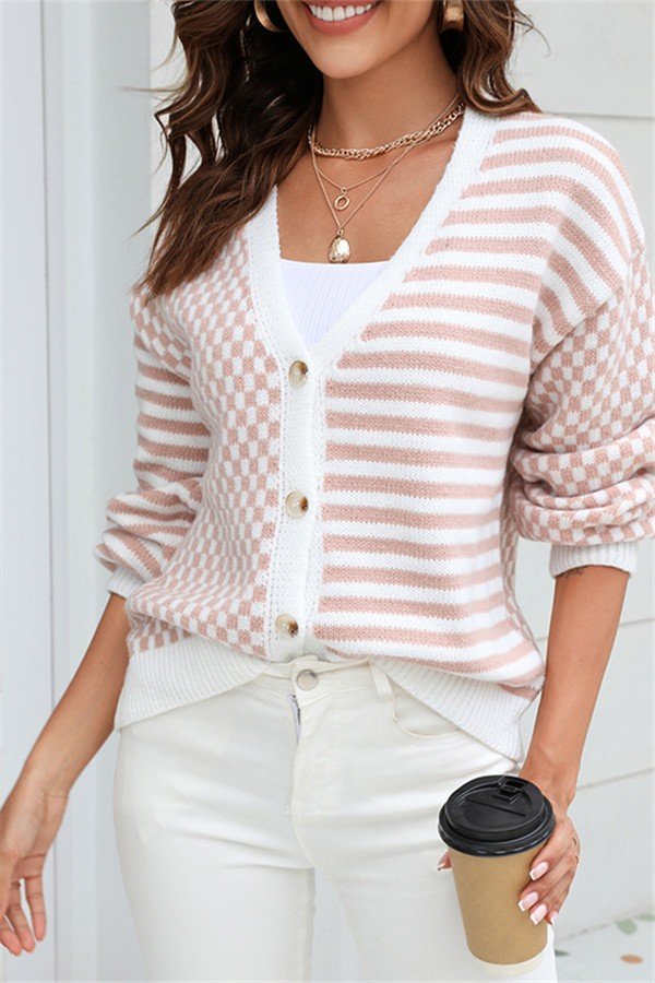 Plaid Patchwork Striped Cardigan Sweater Coat