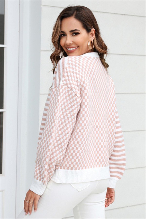 Plaid Patchwork Striped Cardigan Sweater Coat