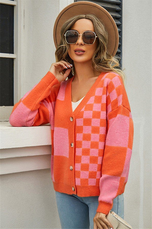 Patchwork Plaid Knit Coat for Women