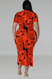 Vibrant Orange Red Short Sleeve Button-Up Cardigan Dress