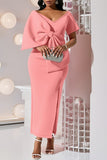 Elegant Bow Accent Hip-Wrap Dress with Split Design