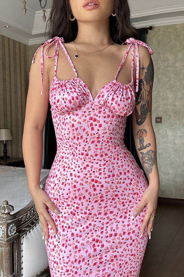 Elegant Slim High Waist V-Neck Floral Fishtail Maxi Dress