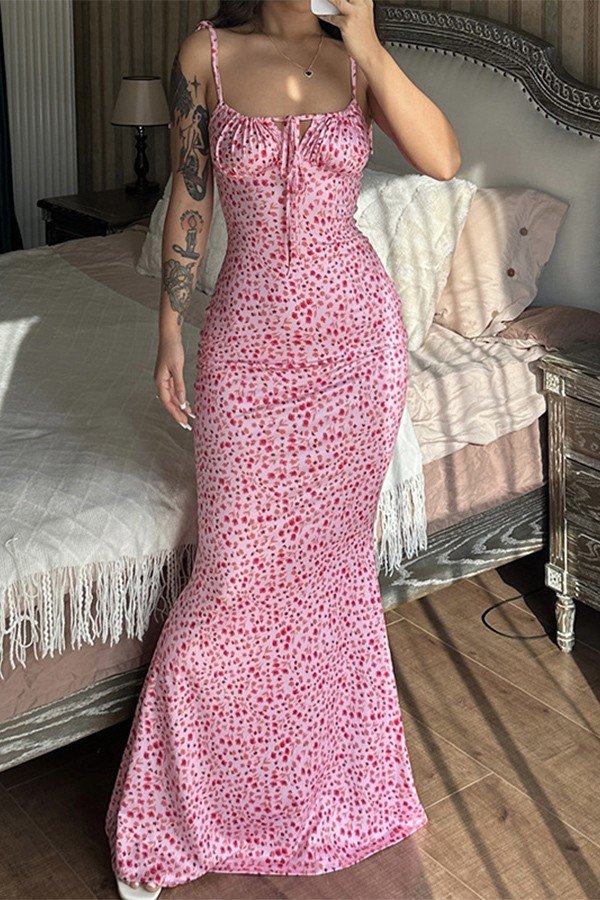Elegant Slim High Waist V-Neck Floral Fishtail Maxi Dress