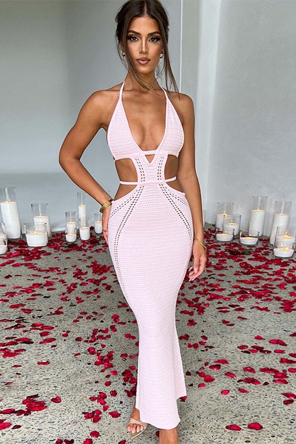 Chic Hollow Lace-up Dress with Hang Neck for Stylish Women