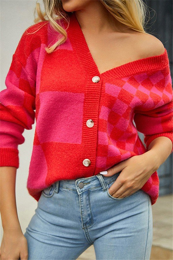 Patchwork Plaid Knit Coat for Women