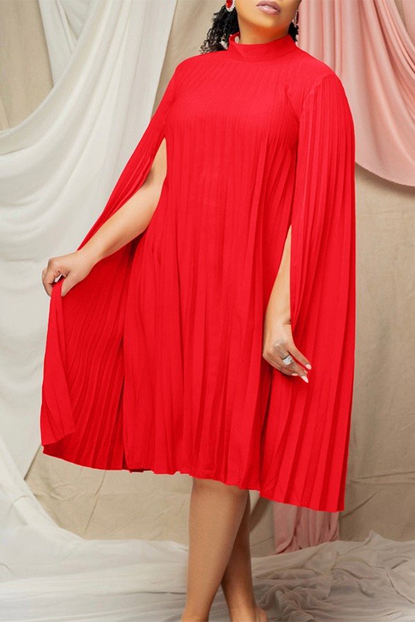 Chic Plus Size Pleated Bat-Sleeve Cape Dress for Effortless Elegance