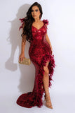 Glamorous Feathered Halter Dress with Alluring High Split and Sequins