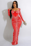 Elegant Long Sleeve Gauze Skirt Dress with Iron Drill Fabric