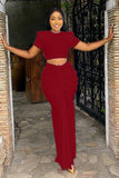 Chic Women's Short Sleeve Pleated Waist Maxi Dress Set