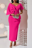 Elegant Bow Accent Hip-Wrap Dress with Split Design