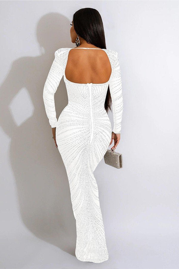 Elegant Long Sleeve Gauze Skirt Dress with Iron Drill Fabric