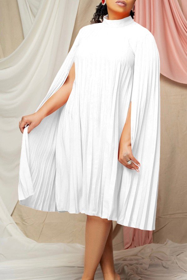 Chic Plus Size Pleated Bat-Sleeve Cape Dress for Effortless Elegance