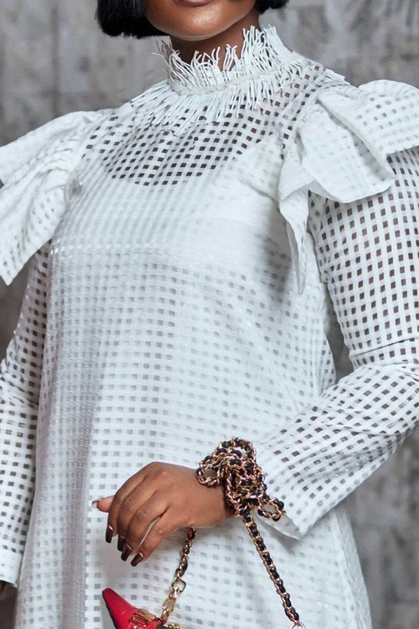 Chic Hollow-Out Long Sleeve Blouse and Halter Skirt Two-Piece Ensemble