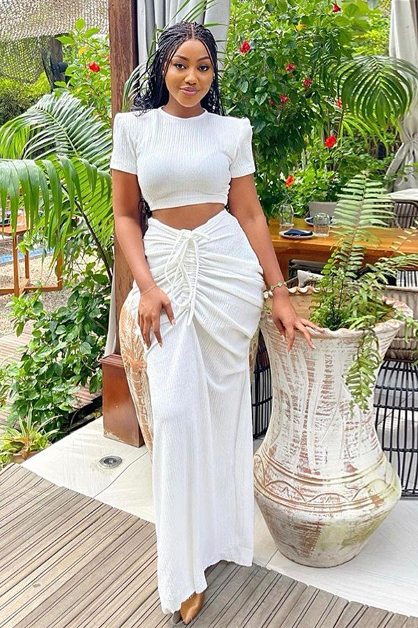 Chic Women's Short Sleeve Pleated Waist Maxi Dress Set