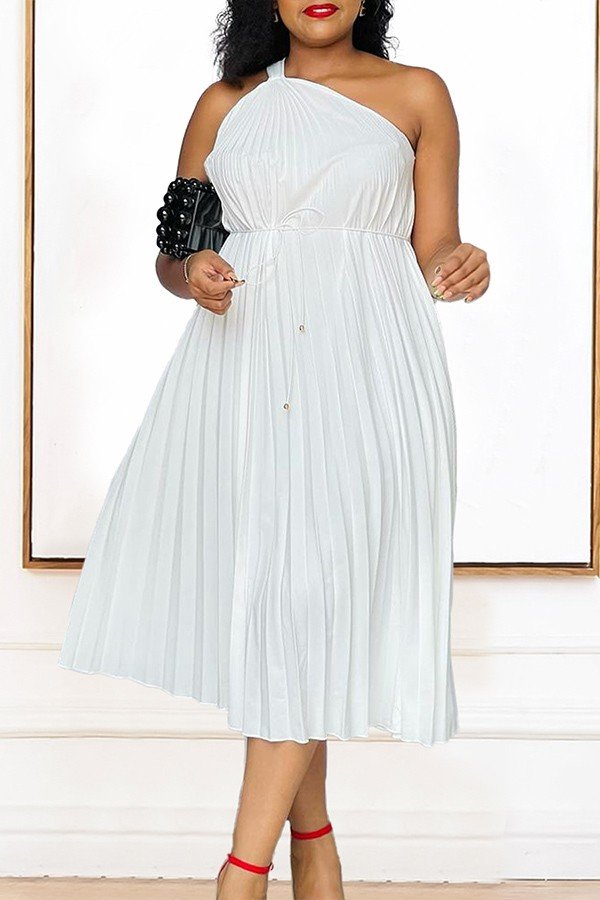 Diagonal Strap A-line Pleated Dress with Waist Tie in Solid Colors