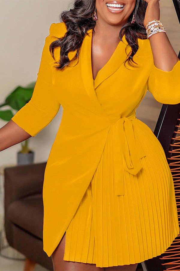 Sophisticated Pleated Dress with Tailored Collar and Adjustable Waist Strap