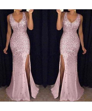 Halter V-Neck Split Gold Dress for Elegant Evening Glamour