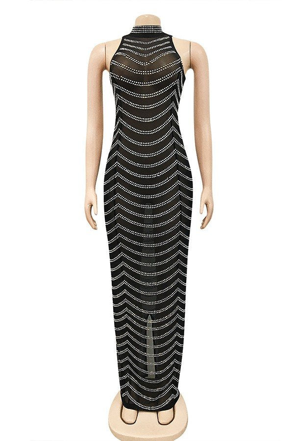 Alluring Backless Diamond Embellished Sheer Dress For Women
