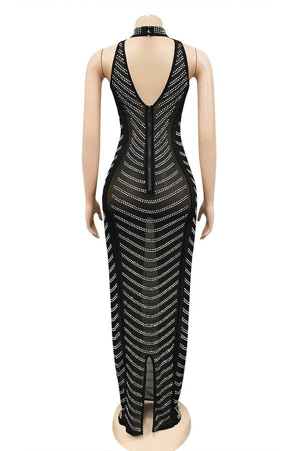 Alluring Backless Diamond Embellished Sheer Dress For Women
