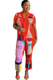 Chic Pleated Suit with Small Print Short Sleeve Shirt for Women