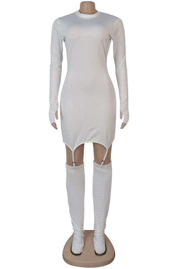 Chic Crewneck Long-Sleeved Dress with Zipper, Gloves, and Socks Set
