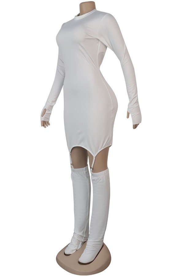 Chic Crewneck Long-Sleeved Dress with Zipper, Gloves, and Socks Set