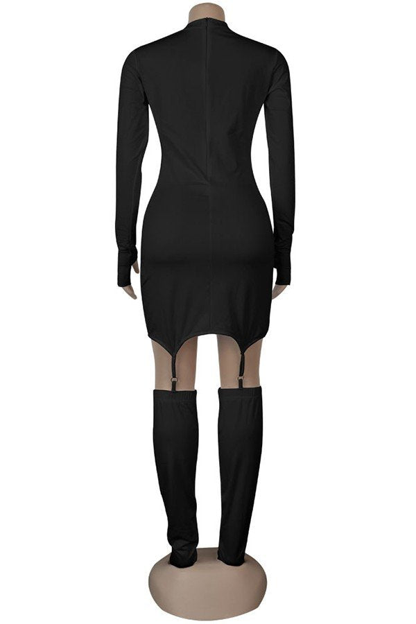 Chic Crewneck Long-Sleeved Dress with Zipper, Gloves, and Socks Set