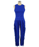 Sash Belt Pants and Sleeveless Fringe Top Set Bold Colors