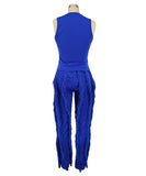 Sash Belt Pants and Sleeveless Fringe Top Set Bold Colors