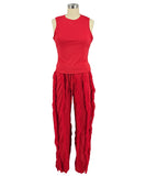 Sash Belt Pants and Sleeveless Fringe Top Set Bold Colors
