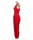 Sash Belt Pants and Sleeveless Fringe Top Set Bold Colors
