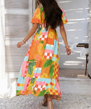 Chic Print Contrast Color V-Neck High-Waisted Dress