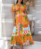 Chic Print Contrast Color V-Neck High-Waisted Dress