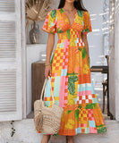 Chic Print Contrast Color V-Neck High-Waisted Dress