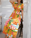 Chic Print Contrast Color V-Neck High-Waisted Dress