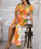 Chic Print Contrast Color V-Neck High-Waisted Dress