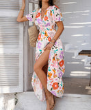 Chic Print Contrast Color V-Neck High-Waisted Dress