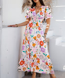 Chic Print Contrast Color V-Neck High-Waisted Dress