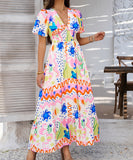 Chic Print Contrast Color V-Neck High-Waisted Dress