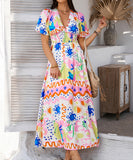 Chic Print Contrast Color V-Neck High-Waisted Dress